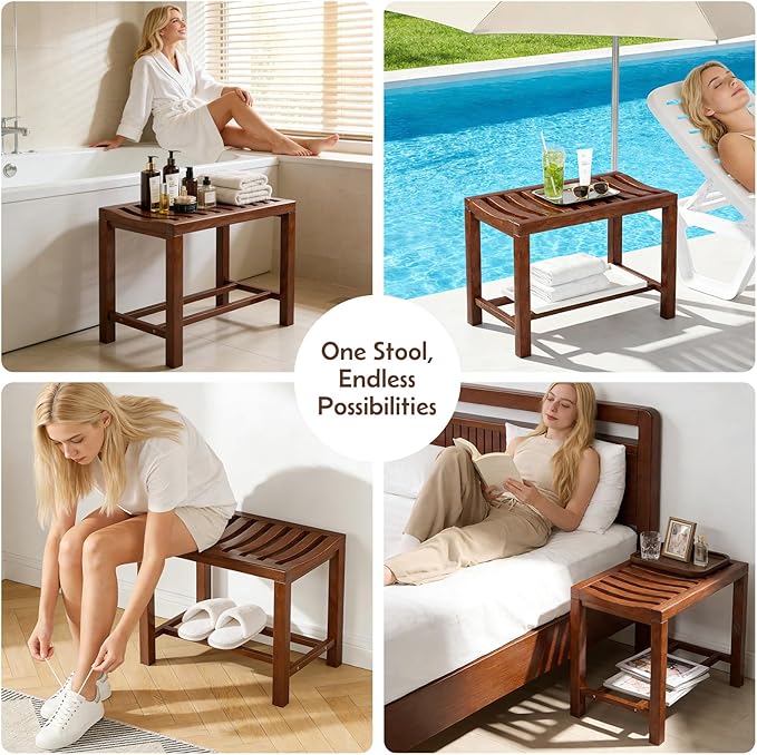 Rubber Wood Shower Bench, Non-Slip Waterproof Wooden Shower Stool for Adults & Elderly, Sturdy Bath Seat for Inside Shower or Tub – 20.08" D x 14.96" H x 6.3" W