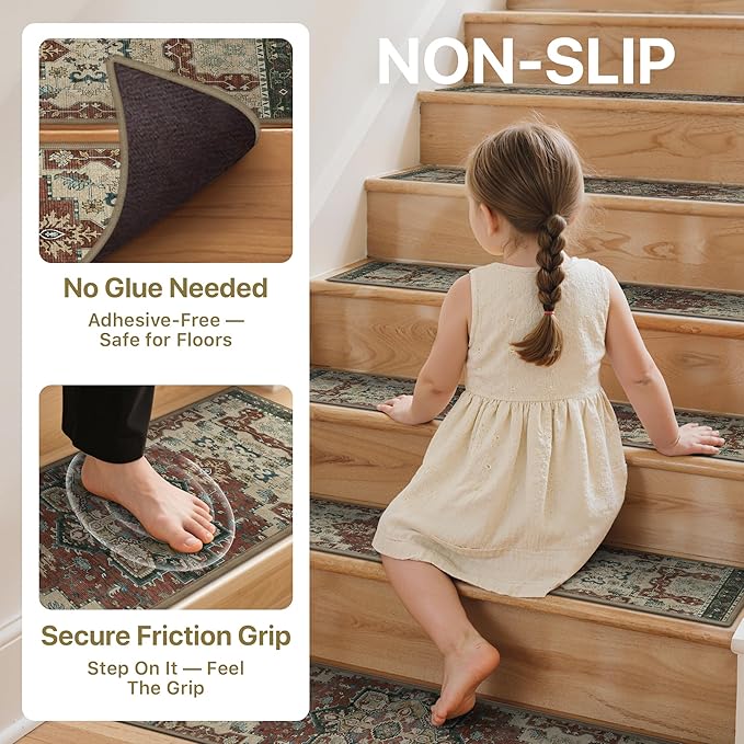 Non Slip Stair Treads for Wooden Steps 15PCS - 8"x30" Indoor Safety Carpet, Edging Mats with TPE Adhesive Backing, Pet and Elderly Friendly Stair Rugs (Annatto)