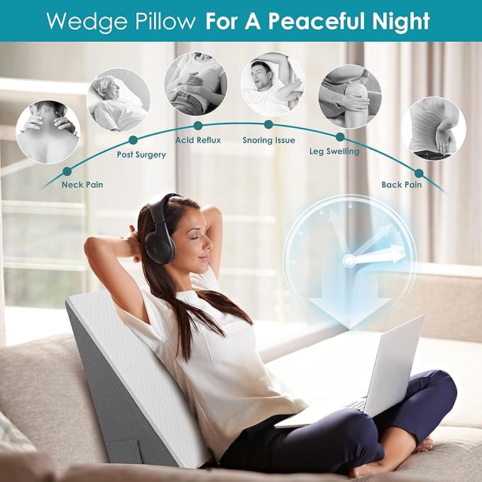 12 inch Bed Wedge Pillow for Sleeping, Reading & Resting, Cooling Memory Foam Incline Pillow Wedge for Adults Seniors, Ideal for Couch, Bedroom & Living Room, Removable Washable Cover