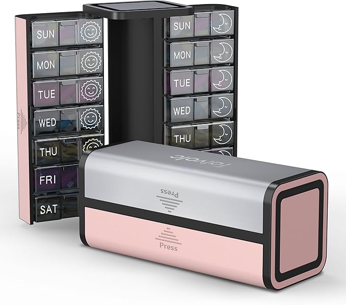 Pill Organizer 7 Day AM PM, Discreet 2 Times a Day Weekly Pill Box with Double Protection Shell, Large Capacity Portable Vitamin Case for Travel Meds & Medicine Organizer (Silver and Pink)