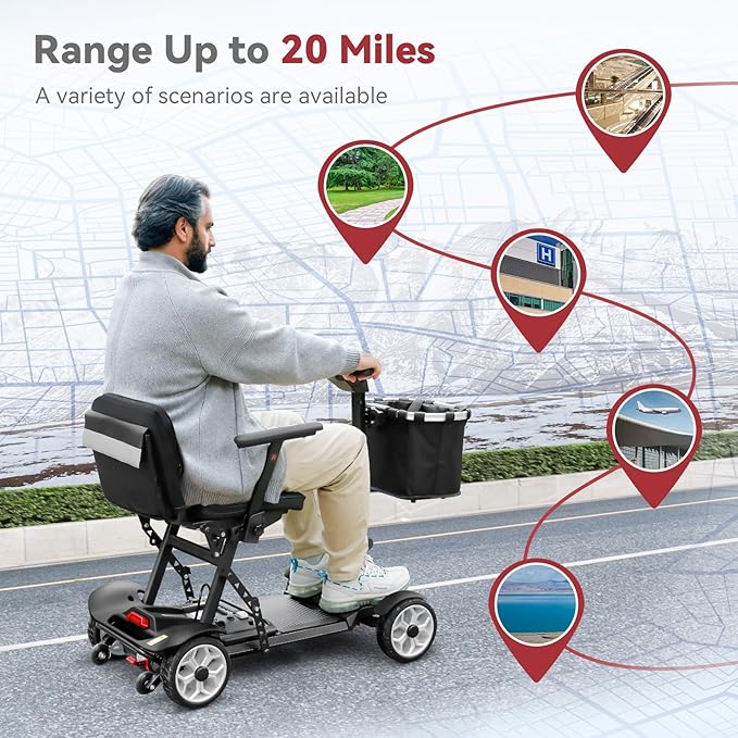 20 Miles Range Lightweight Mobility Scooter for Adults & Seniors - 47lbs Foldable 4 Wheel Travel Electric Scooter with Removable Battery, LED Lights - 300lb Capacity (Black)