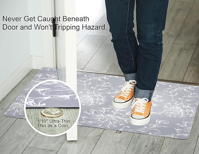 1/10 Inch Ultra Thin 24"×35" Large Front Door Mat Indoor Entrance Inside Non Slip, Waterproof Rubber Kitchen Mat and Interior Home Washable Door Mat, Baroque Grey
