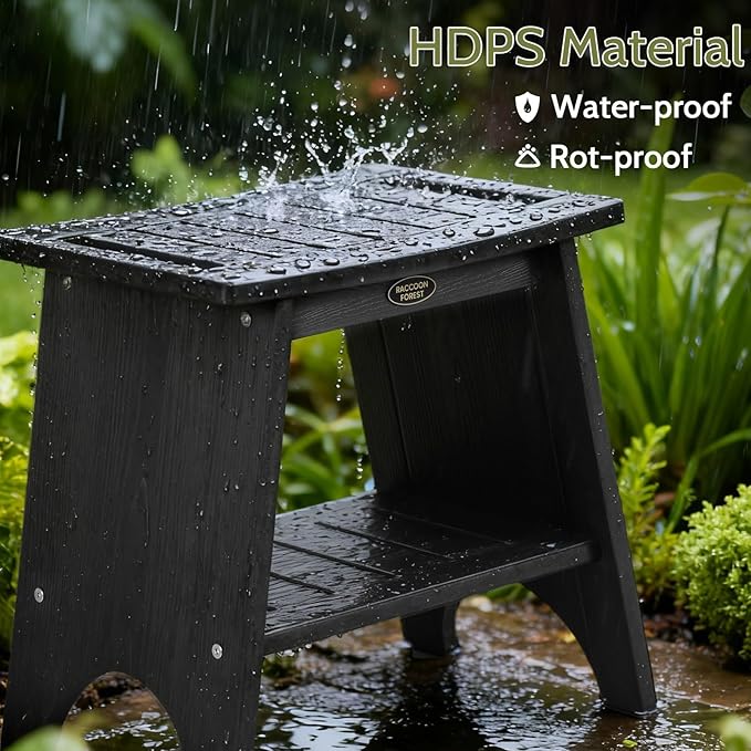 HDPS Shower Benches for Inside Shower, 17" Height Waterproof Bath Stool with 2-Tier Storage Shelf, Heavy Duty Spa Seat for Shaving Legs, Seniors & Adults, Wood-Like Texture, Black