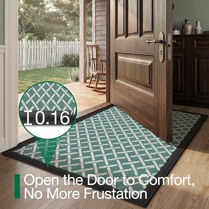 LUMI Front Door Mat 17x30, Low-Profile Non-Slip Welcome Mat for Indoor Outdoor, Stain & Fade Resistant Geometric Door Mat for Entryway Patio Porch, Grid-Teal