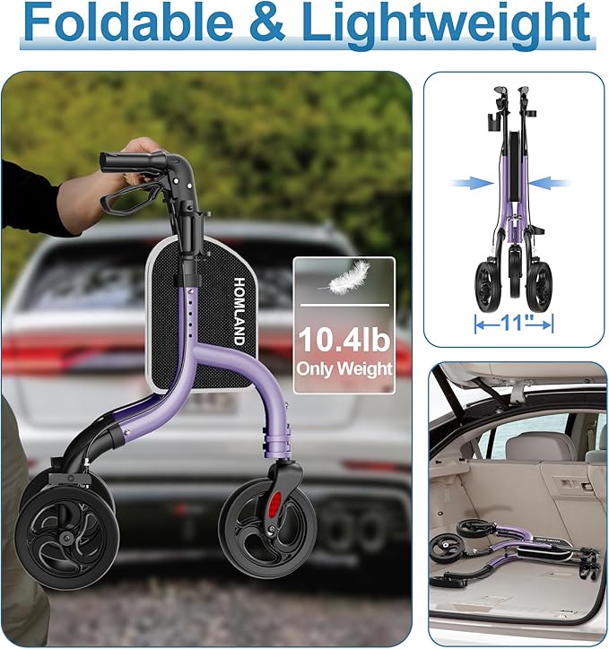 HOMLAND 3 Wheel Walkers for Seniors, Foldable Wheeled Rollator with Cane Hold and Cup Hold, Lightweight Three Wheel Rolling Walker Height Adjustable for Seniors