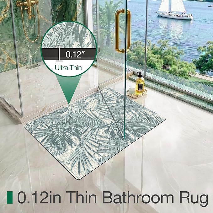 LUMI Ultra Thin Bath Mat, Super Absorbent Quick Dry Bathroom Rugs, Non-Slip Bathroom Mats, Marble Bathmats Fit Under Door, Bathtub, Sink, Shower Room, 17"x30", Teal Blue Leaf