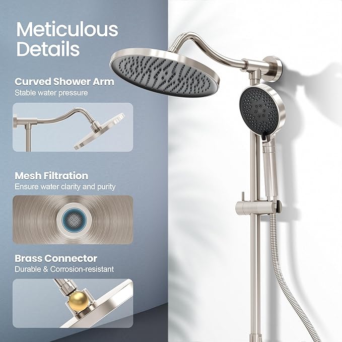 Rainshower Head with Handheld Spray, Retrofit Shower System with Solid Brass Connecter, High Pressure Shower Head with Adjustable Holder& Tub Spout, 60" Stainless Steel Hose, Brushed Nickel