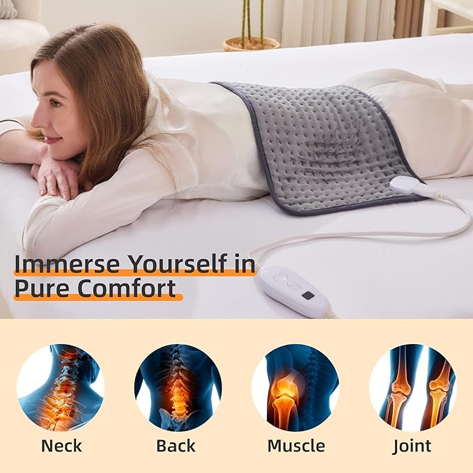 RAINOVA Heating Pad Electric Throw for Back Pain & Cramps Relief, 12''x24'' Electric Pad with Auto Shut Off, Heat Pad 6 Heat Settings,Christmas Gifts for Women, Men, Mom, Dad(Gray)