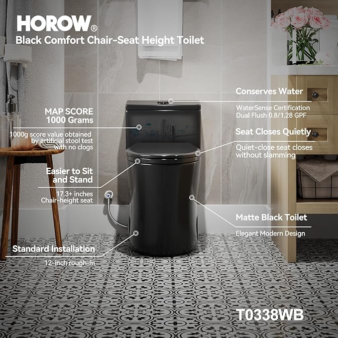 HOROW T0338WB Elongated One Piece Toilet Black, Compact Modern Toilet with Comfortable Seat Height, ADA Chair Height 17.3", Power Dual Flush 0.8/1.28 GPF, Matte Black, 12" Rough-in