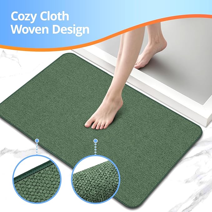Upgraded Bath Mat 24x36Inch, Thin Bath Mats Rugs with Rubber Backing Non-Slip, Absorbent,Quick Dry Machine Washable, Home Decor Accessories Cozy Cloth Bathroom Rugs fit Under Door/Sink/Tub-Green