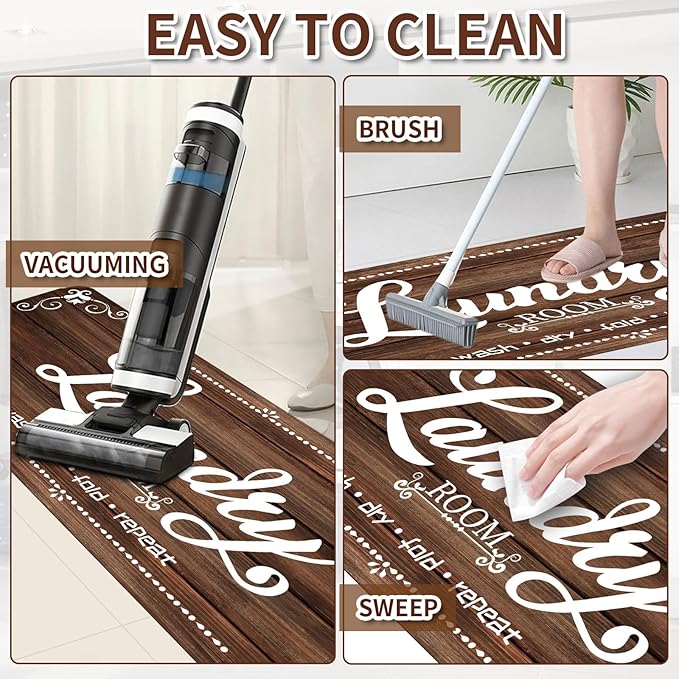 XLHOMO Laundry Room Rug Runner, 17.7"x45" Non Slip Brown Laundry Rugs, Farmhouse Washable Floor Laundry Mats for Laundry Room, Mudroom, Kitchen, Washroom, Bathroom, Hallway Entryway Area Rugs Decor