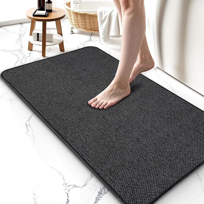 HOMTEB Bath Mat 17x27Inch, Thin Bath Mats Rugs with Rubber Backing Non-Slip, Absorbent,Quick Dry Machine Washable, Home Decor Accessories Cozy Cloth Bathroom Rugs fit Under Door/Sink/Tub-Black