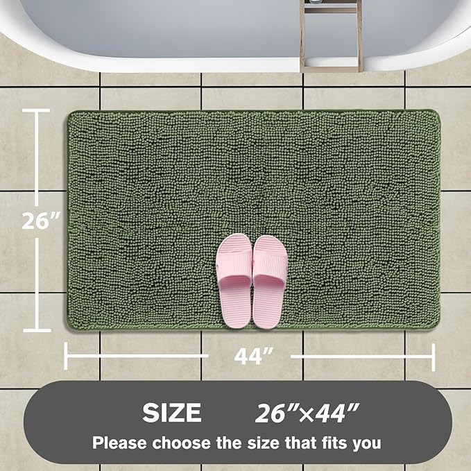 Loden Green Bathroom Rugs – Absorbent and Washable Bath Mat, Non-Slip, Thick Soft Chenille Bath Rugs for Bathroom, Kitchen, Shower, Sink - 26" x 44"