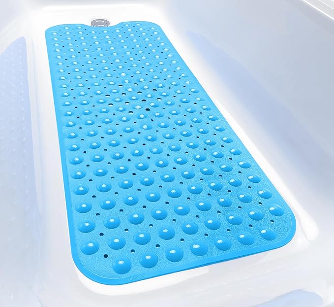 Extra-Long Non-Slip Bathtub & Shower Mat 39”x16” (Smooth/Non-Textured Tubs Only) Safe, Clean, Machine-Washable, Superior Grip&Drainage, Vinyl, Opaque Light Blue