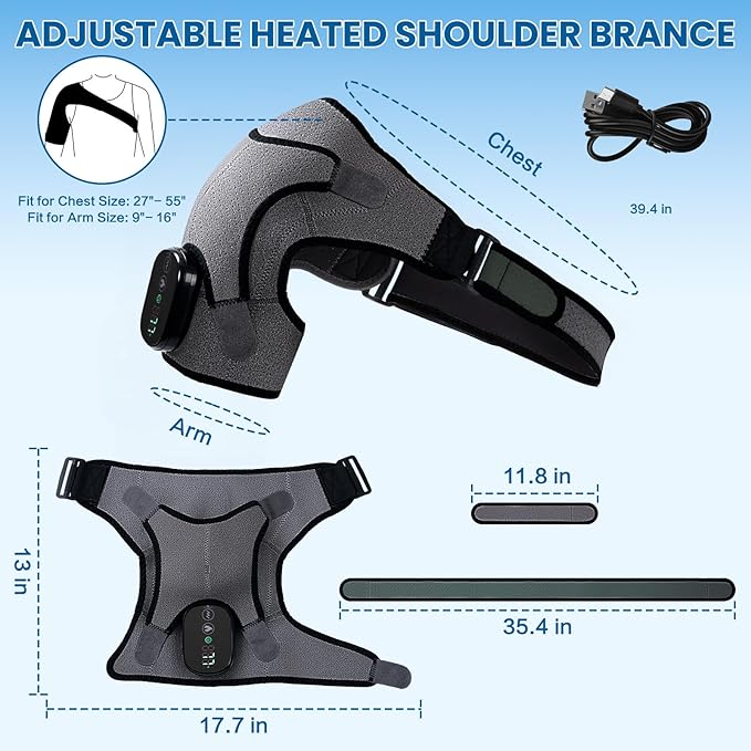 Cordless Shoulder Heating Pad with Massage, Electric Heated Shoulder Wrap with 3 Vibration & 3 Heat, Heating Pads for Rotator Cuff and Frozen Pain Relief,5000mAh Chargeable Powered,Men&Women