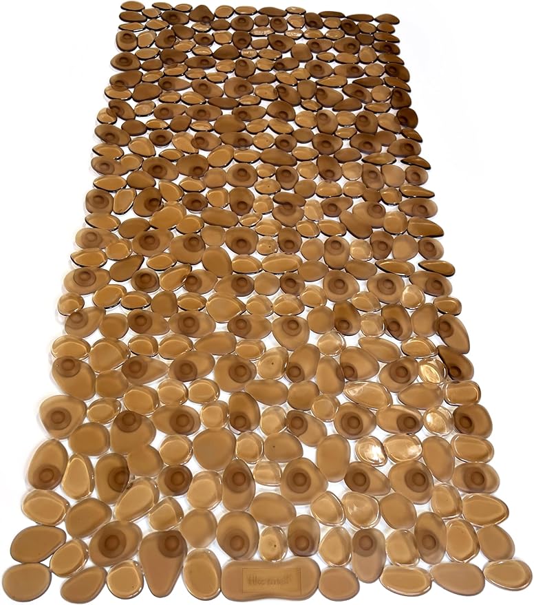 “Pebbles” Non-Slip Bathtub/Shower Mat 27.5”x14” Rectangular, Non-Toxic, Safe, Clean, Machine-Washable, Superior Grip & Drainage, Vinyl, for Smooth Floors ONLY, Transparent Brown