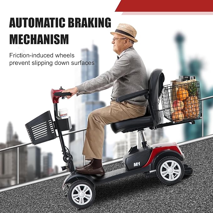 Metro Mobility 4 Wheel Foldable Mobility Scooter for Adults - 300 lbs Capacity Electric Mobility Scooters for Seniors, Travel - Long Range Power Extended Battery with Charger and Basket - Red