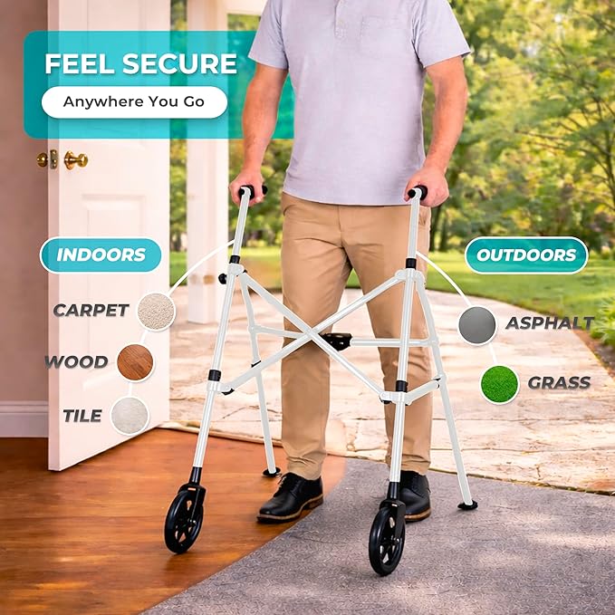 Stander Space Saver Walker, Lightweight Folding Rolling Mobility Aid for Seniors & Adults, Compact 2-Wheel Disability Device with 6-inch Wheels & Ski Glides for Walking Support, Vivid White