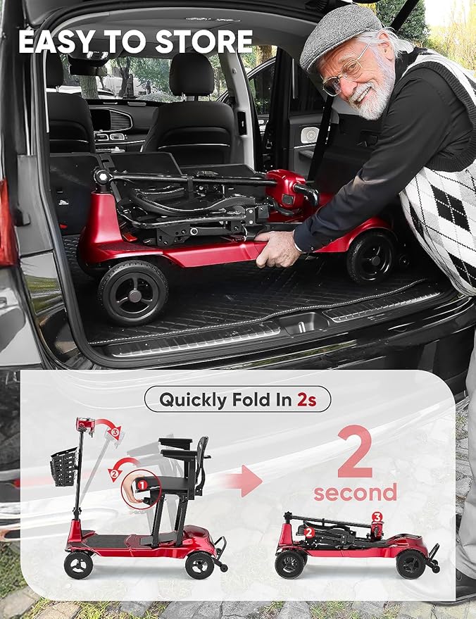 Mobility Scooters for Adults & Seniors - Ultra Lightweight 27.5 lbs Carbon Fiber Folding Electric Scooter - Airlines Approved All-Terrain Portable Scooter with Basket and Charger Included-Red