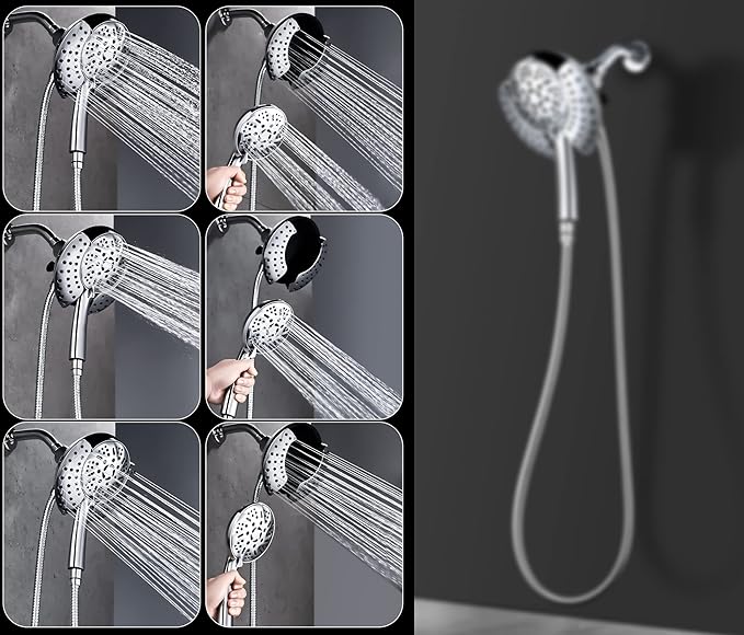 GRICH Dual Shower Head with Handheld: 2 IN 1 High Pressure Handheld Shower Head & Rainfall Shower Head, 9 Spray Modes/Settings Detachable Shower Head with Hose, cUPC and CEC Certification Approved