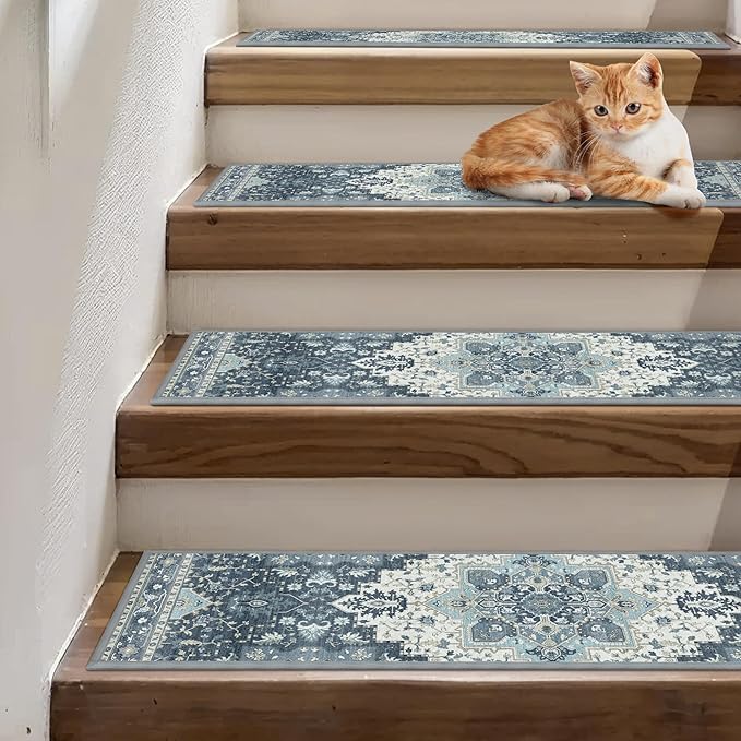 Non Slip Stair Treads for Wooden Steps 15PCS - 8"x30" Indoor Safety Carpet, Edging Mats with TPE Adhesive Backing, Pet and Elderly Friendly Stair Rugs (Navy)