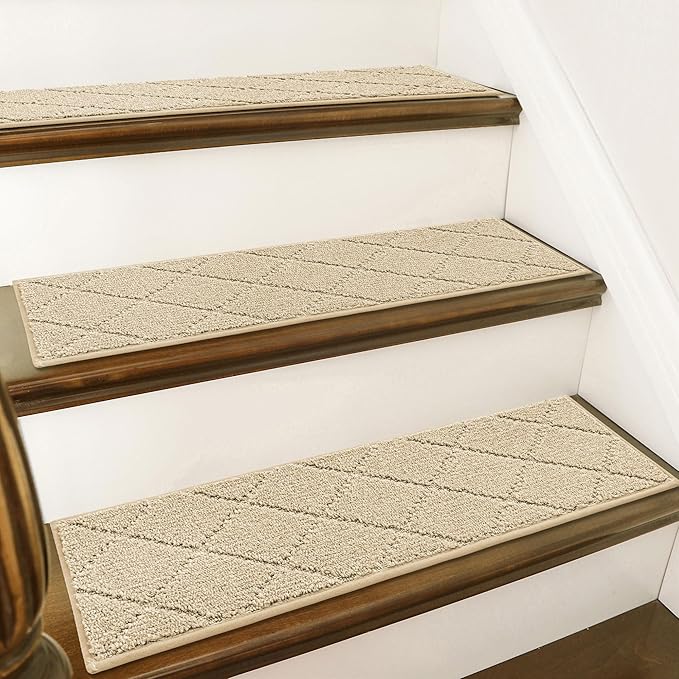 COSY HOMEER Stair Treads for Wooden Steps 9"x28",Washable Non Slip Carpet Stair Treads with Reusable Residue Free Backing Soft Peel and Stick Stair Runner Rugs for Kids Elders Pets,Warm Beige,4pcs