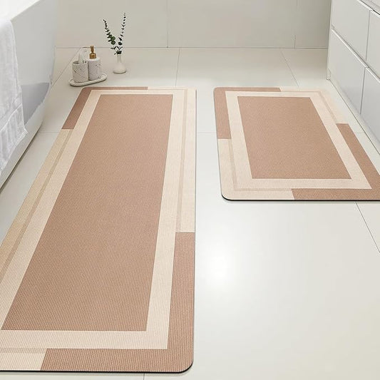 ACCUMTEK Non Slip Bath Mat, Thin Bathroom Rugs Fit Under Door, Quick Dry Bath Mats, Machine Washable Bath Rugs for Bathroom, Bathtub & Kitchen, Light Brown/Bordered/24 x17+48"x20"