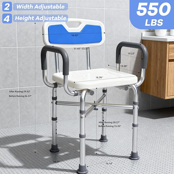 2-Level Width Adjustable Heavy Duty Shower Chair for Inside Shower and Tub w/Reinforced X-Bar, 550lbs Shower Seat for Bathtub with Arms and Back for Seniors, Handicap, Bariatric, Elderly and Disabled