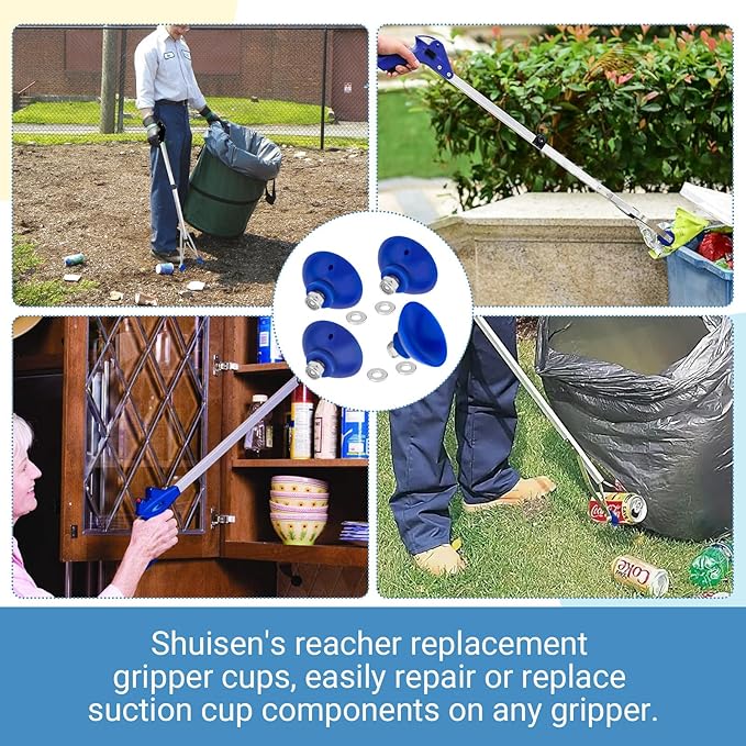 Reacher Replacement Gripper Cups Compatible with Arcmate EZ Grabber Reacher Tool, Food-Grade Indoor Telescopic Grabber Accessories Repair Parts, Heat-Resistant Silicone Cups with Locking Nuts, Blue