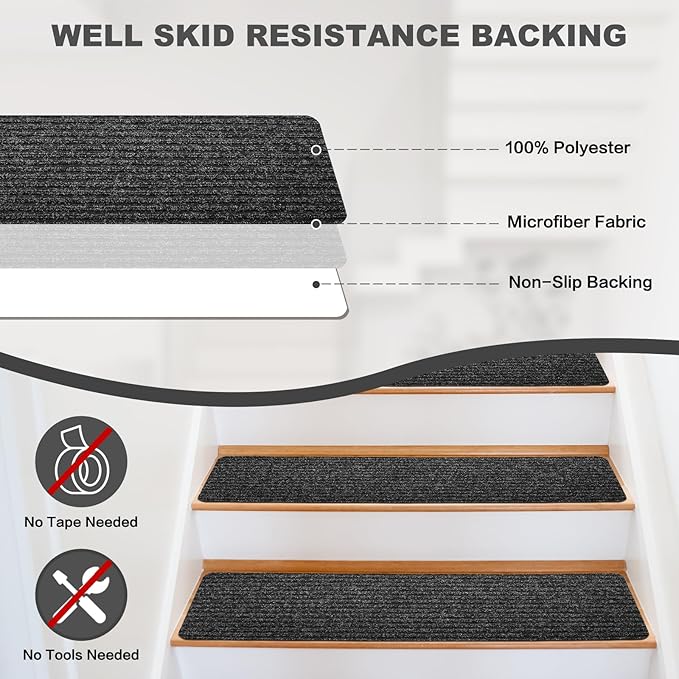 Stair Treads for Wooden Steps - Non Slip Stairs Carpet Tape Peel and Stick with Double Adhesive Tape Set of 15 Stripe- Black