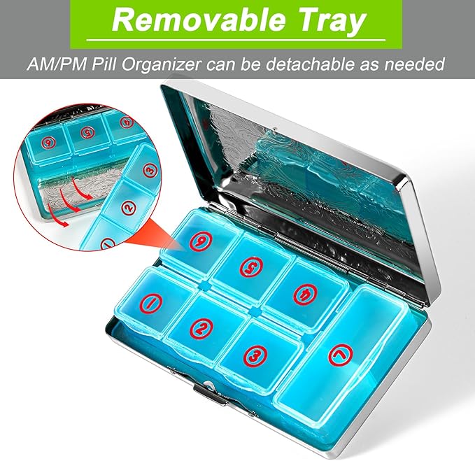 Pill Organizer with 3 Compartments 7 Day Metal Pill Box for Fish Oil/Food Supplements Travel Pill Box. (Rectangle-Silver, Large Rectangle)
