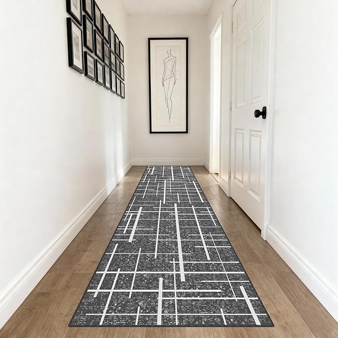 Non Slip Hallway Runner Rug 2x10, Gray Modern Distressed Stripe, Washable Long Rug, Woven Thin Low Pile Carpet Runners for Hallway 10ft Entryway, Kitchen, Walkway- Gray
