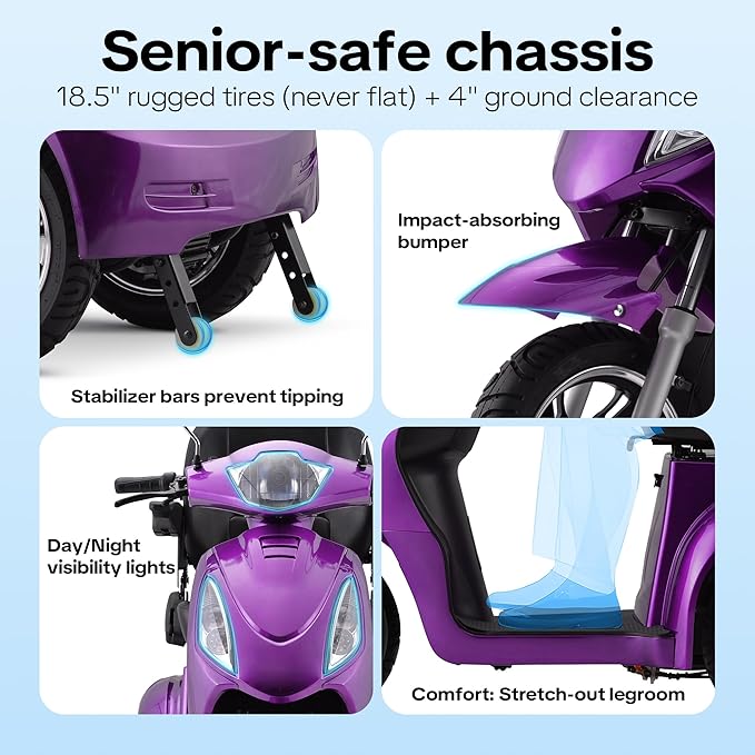 Super Large Electric 4 Wheel Mobility Scooters, Heavy Duty 800W Wheelchair Device, 25 Miles Long Range, All Terrain Mobility Scooter，Speed Adjust, Remote Key,Receive Ready to Ride (3 Wheel -Purple)