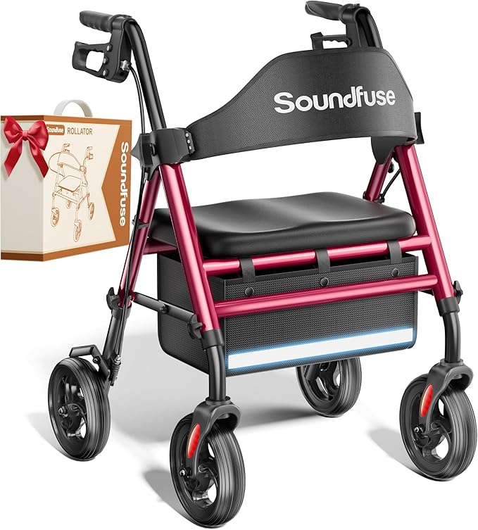 SOUNDFUSE Walkers for Seniors, Rollator Walker with Seat, 8" All Terrain Wheels, Double Support Bar, 16" Ergonomic Arc Seat and Comfortable Backrest, Dual Height Adjustable and Foldable Design