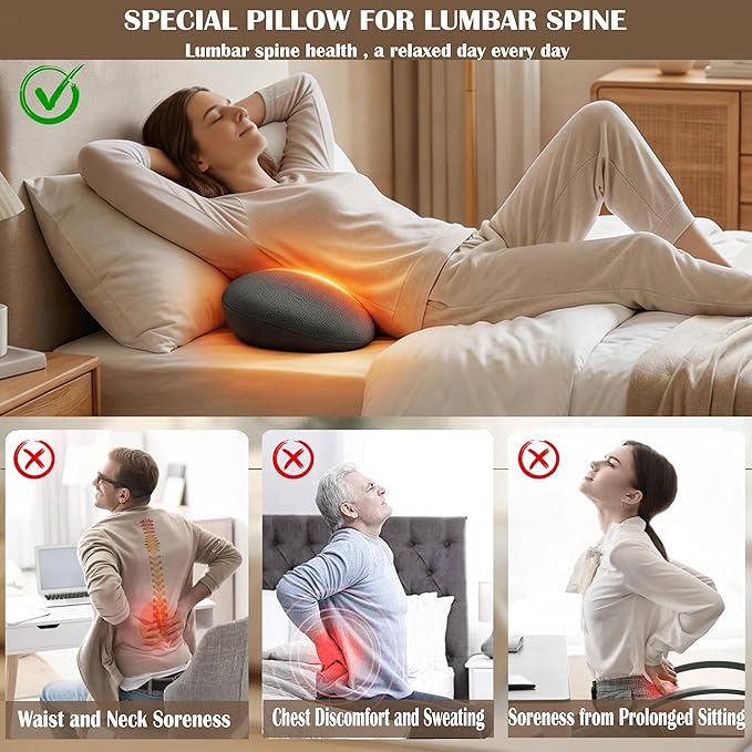 3 in 1 Lumbar Massage Pillow, Deep Kneading Back Massager for Pain Relief, Ergonomic Lumbar Support Cushion, for Home Office Car, Gift for Men Women Seniors