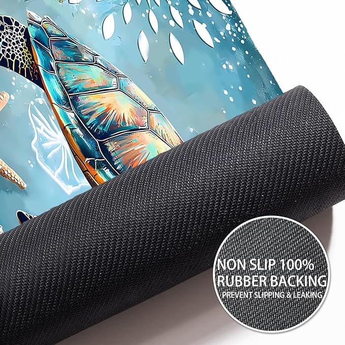 Quick Dry Bath Mat for Bathroom,Super Absorbent Beach Welcome Bath Rug Non-Slip Rubber Backing,Machine Washable Bathroom Floor Mat for Shower,Sea Turtle Nautical Starfish (16"x24"+30"x20")