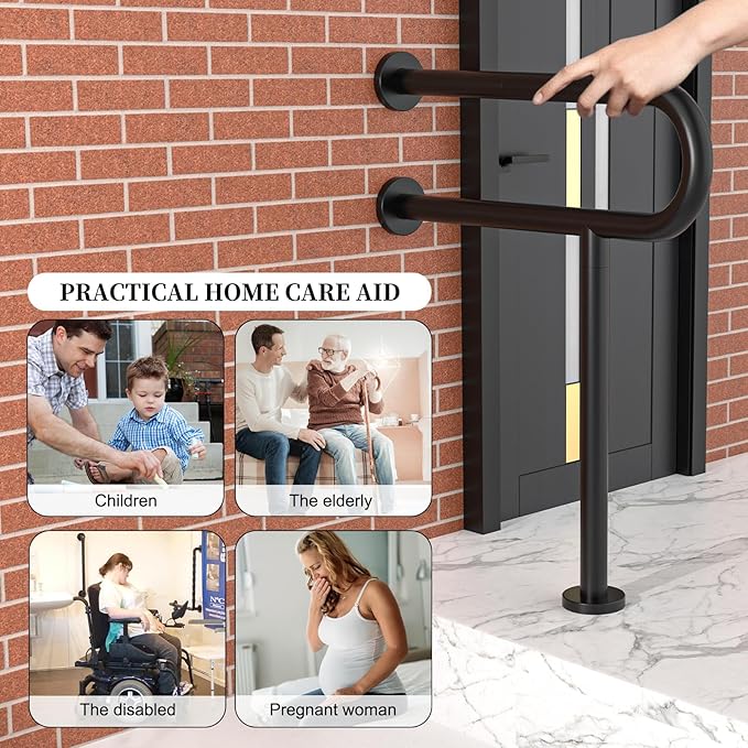 Toilet Support Rail 23.4X 28 Inch, Munzong Anti-Slip Black Handicap Grab Bar for Bathroom, Stainless Steel Knurled Safety handrails with Leg for Elderly Disabled Pregnant-1.25’Tube