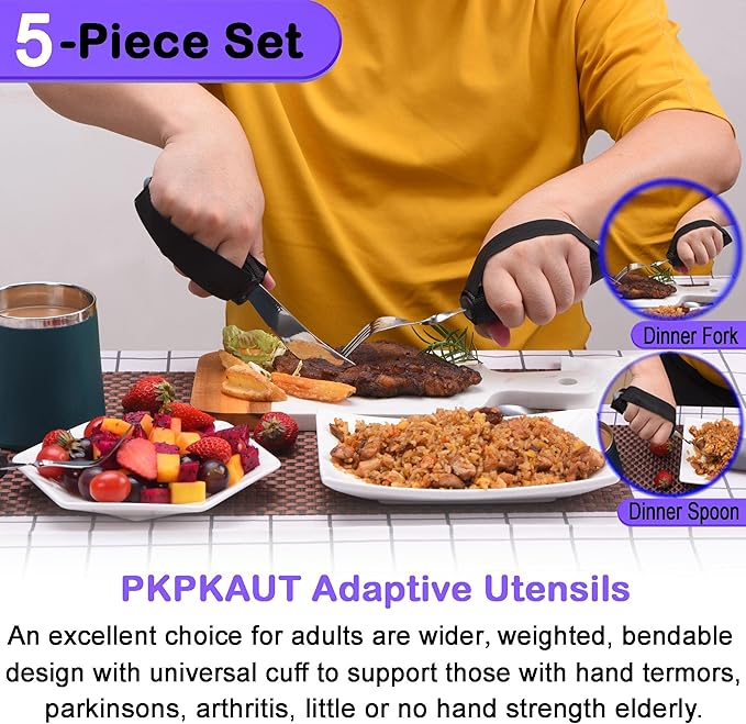 Weighted Parkinsons Utensils for Hand Tremors, Weighted Silverware for Parkinsons Patients Arthritic Hands, Built Up Utensils for Adults, Adaptive Eating Utensils for Disabled People Elderly