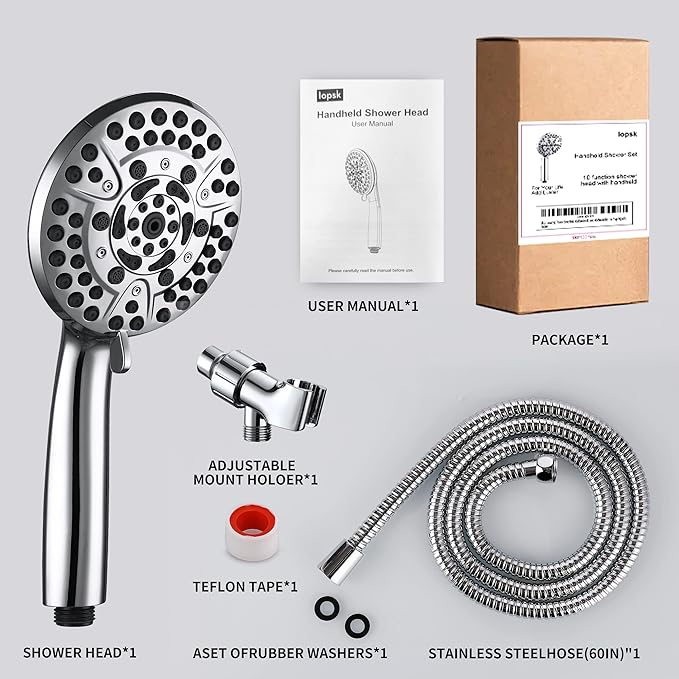 Iopsk 10 Spray Shower Head with Handheld,High Pressure shower heads with Handheld Spray Combo,Hand Held Shower Head with 60 Inch Long Hose (Chrome)