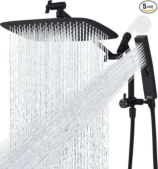 G-Promise All Metal 12 Inch Shower Head with Massage Mode Handheld, Rain Shower Head with Handheld Spray Combo, 3-Way Diverter with Pause Setting, 11 Inch Adjustable Extension Arm (Matte Black)