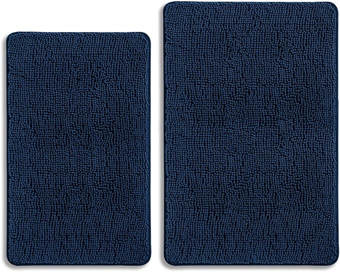 Navy Blue Bathroom Rugs Sets 2 Piece – Absorbent and Washable Bath Mat, Non-Slip, Thick Soft Chenille Bath Rugs for Bathroom Floor, Shower, Sink - 20" x 32"+24" x 36"