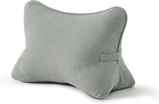 Pat. Pend. Corduroy Lumbar Support Back Pillow for Sitting Up & Reading, Ergonomic Triangle Back Support Cushion for Sofa, Armchair & Bed, Removable Washable Cover, Grey Green