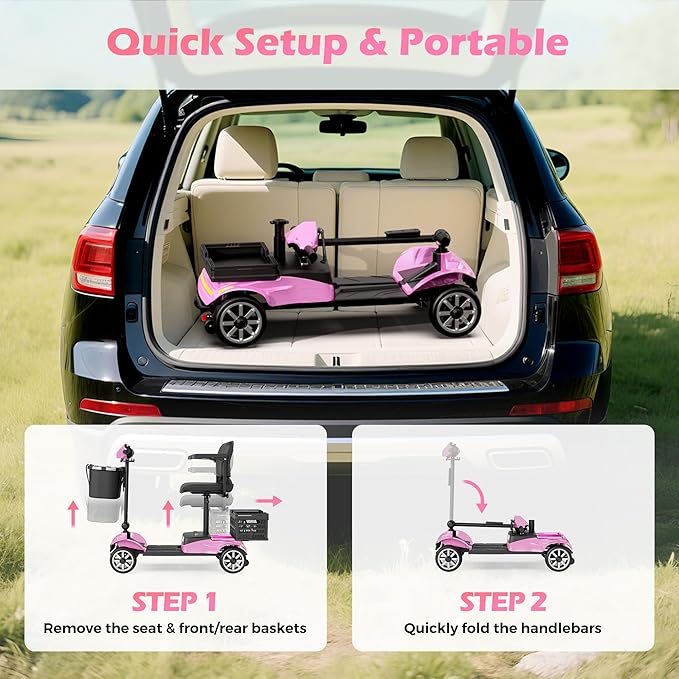 Mobility Scooter for Adults & Seniors with Removable Spare Battery - 24.8 Miles Total Range, Cruise & Airport Approved, Foldable Motorized Scooters with Dual Basket, Phone & Cup Holder, Pink