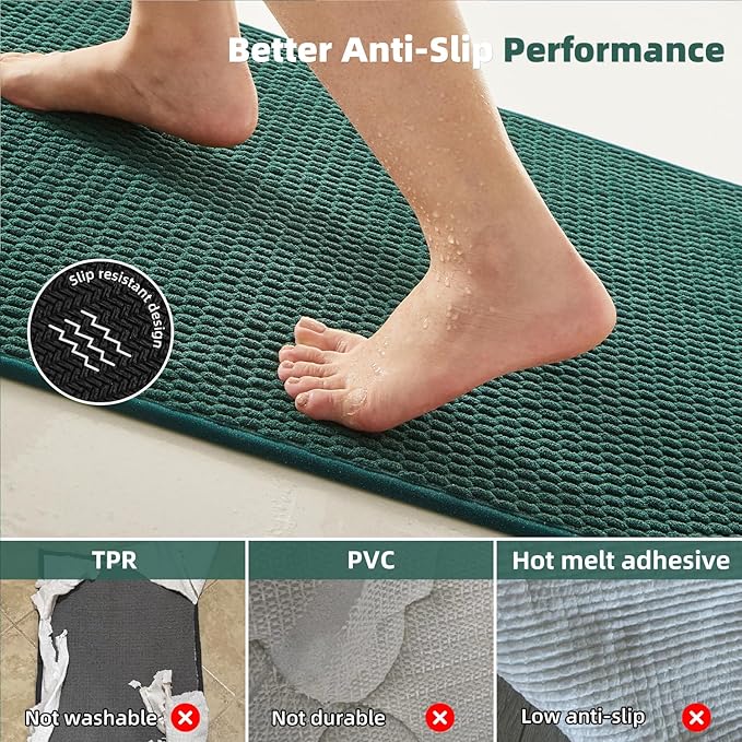 TYUU Bathroom Runner Rug, Long Bath Mat Washable Thin Quick Dry Low Pile Bathroom Runner Rugs 24 x 60 Non Slip, Dark Green 24"x60"