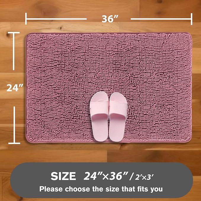 Dusty Rose Bathroom Rugs – Absorbent and Washable Bath Mat, Non-Slip, Thick Soft Chenille Bath Rugs for Bathroom Floor, Shower, Sink - 24" x 36"