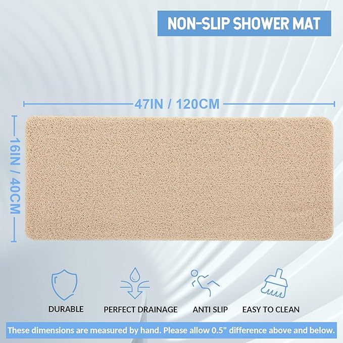 Hargiis Non-Slip Bathtub Mat, Anti Slip Shower Mat, Fast Drying Bathtub Mats, Foot Scrubber Mat, Anti Slip Mat for Tub, Floor, Bathroom, Kitchen, Home, Hotel (Beige 47"×16")