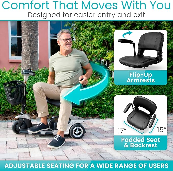 Vive 3 Wheel Mobility Scooter - Electric Powered Mobile Wheelchair Device for Adults - Folding, Collapsible and Compact for Travel - Long Range Power Extended Battery with Charger and Basket Included