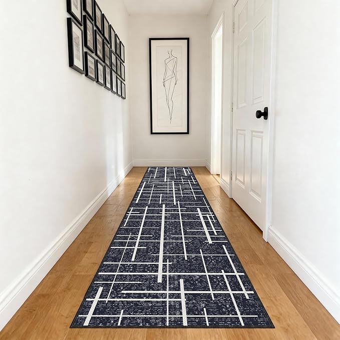 Modern Stripe Hallway Runner Rug Non Slip, Washable 2x10 Runner Rug, Woven Thin Low Pile Carpet Runners for Hallway 10ft Entryway, Kitchen, Walkway -Midnight Black