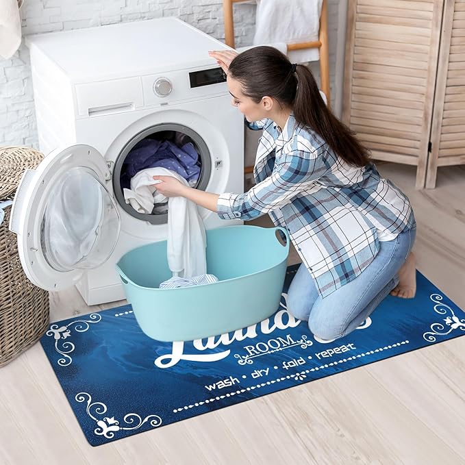 XLHOMO Laundry Room Rug Runner Non Slip, 17.7"x45" Navy Blue Laundry Mat Farmhouse Washable, Laundry Rugs for Laundry Room Floor, Mudroom, Kitchen, Washroom, Bathroom, Hallway, Entryway Carpet Decor