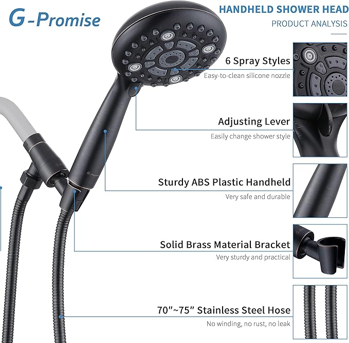 G-Promise Handheld Shower Head High Pressure 6 Spray Settings, Detachable Hand Held Showerhead 4.9 Inch Face with Extra Long Flexible Hose and Metal Adjustable Bracket